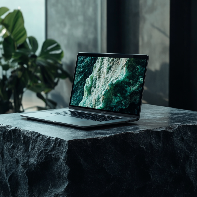 макбук на чёрном камне — веб-дизайн, минимализм. French Riviera