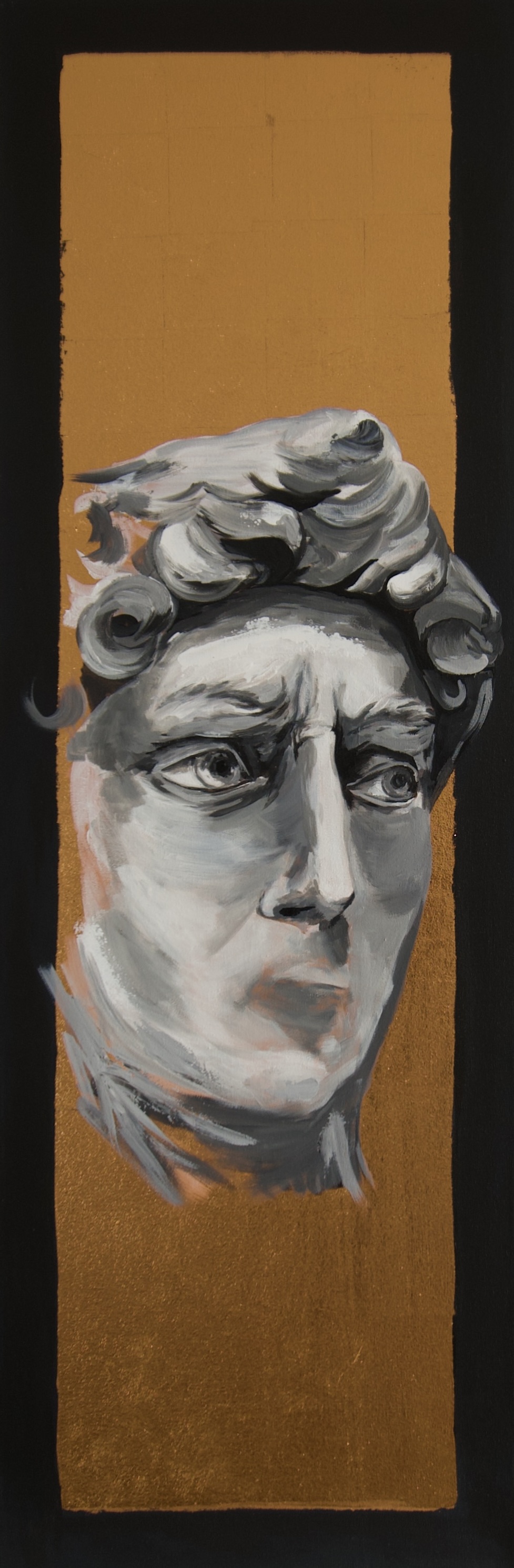 Peinture originale d'une tête à l'antique en gris sur fond ocre doré
